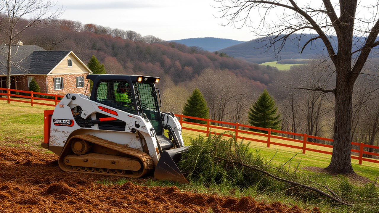 Compact track loader clearing brush along a split-rail fence on a hillside house lot