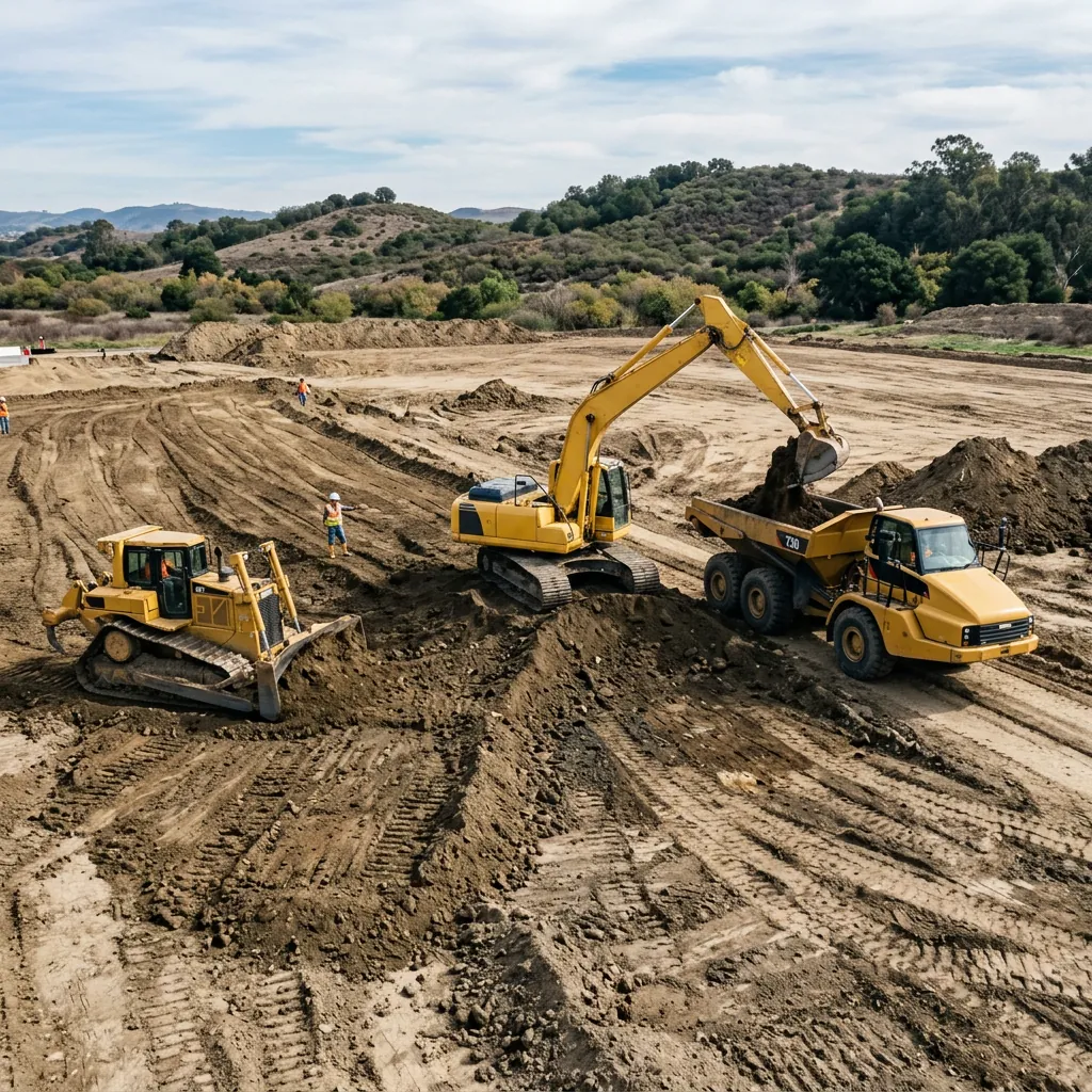 Dozer, excavator and haul truck working a cleared, graded lot below wooded hills