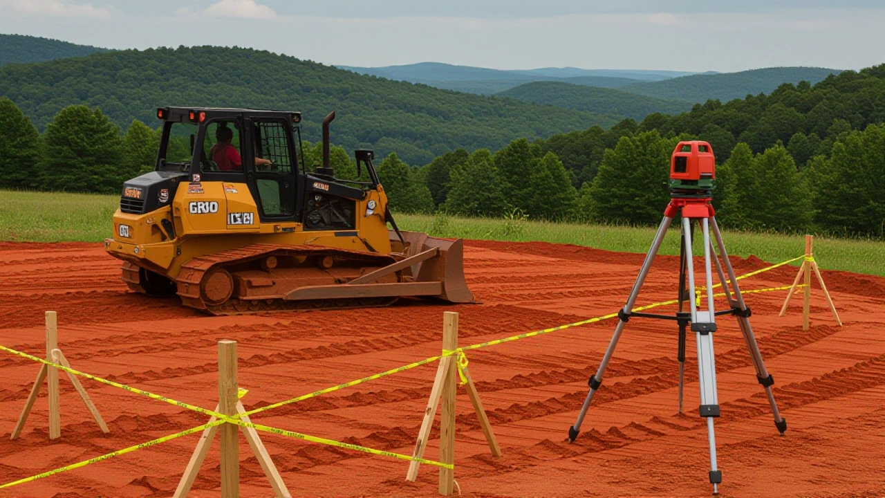 Dozer fine grading a flat house pad with grade stakes and a laser level on a tripod