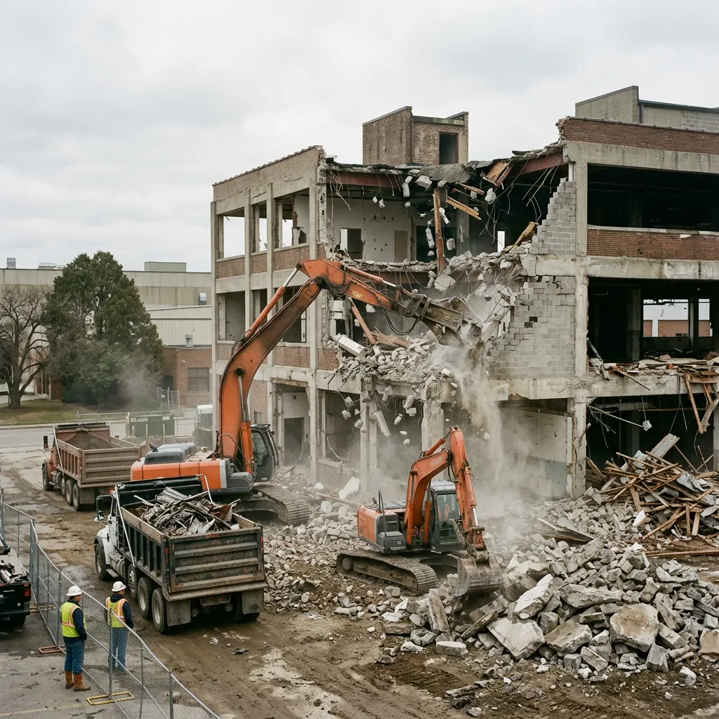 Two excavators taking down a concrete commercial building while dump trucks load rubble