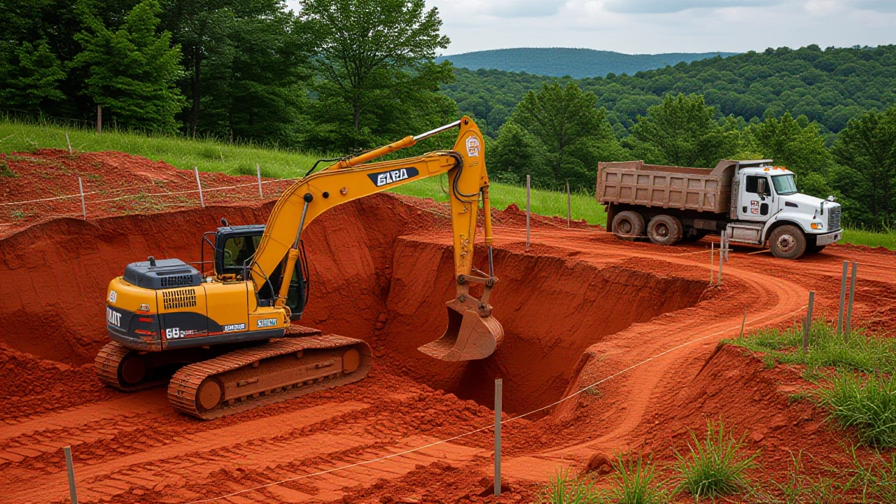 Excavator digging a basement hole into red clay and limestone on a hillside lot