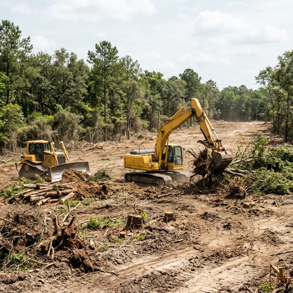 Excavator pulling stumps and a dozer piling brush at the edge of a wooded lot