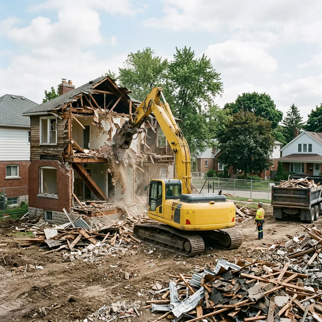 Excavator tearing down a two-story house with a dump truck waiting for the debris