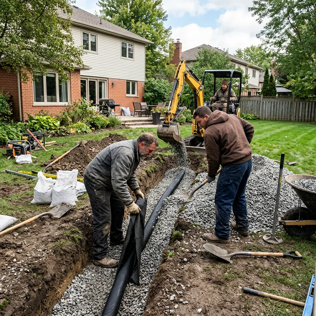 French drain trench in a back yard with gravel bedding and black drain pipe going in