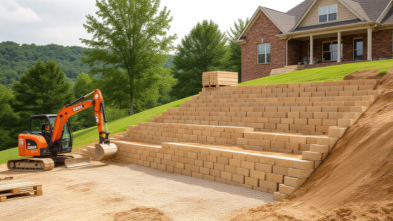 Tiered stone block retaining wall holding back a sloped yard, with drainage gravel behind the top course